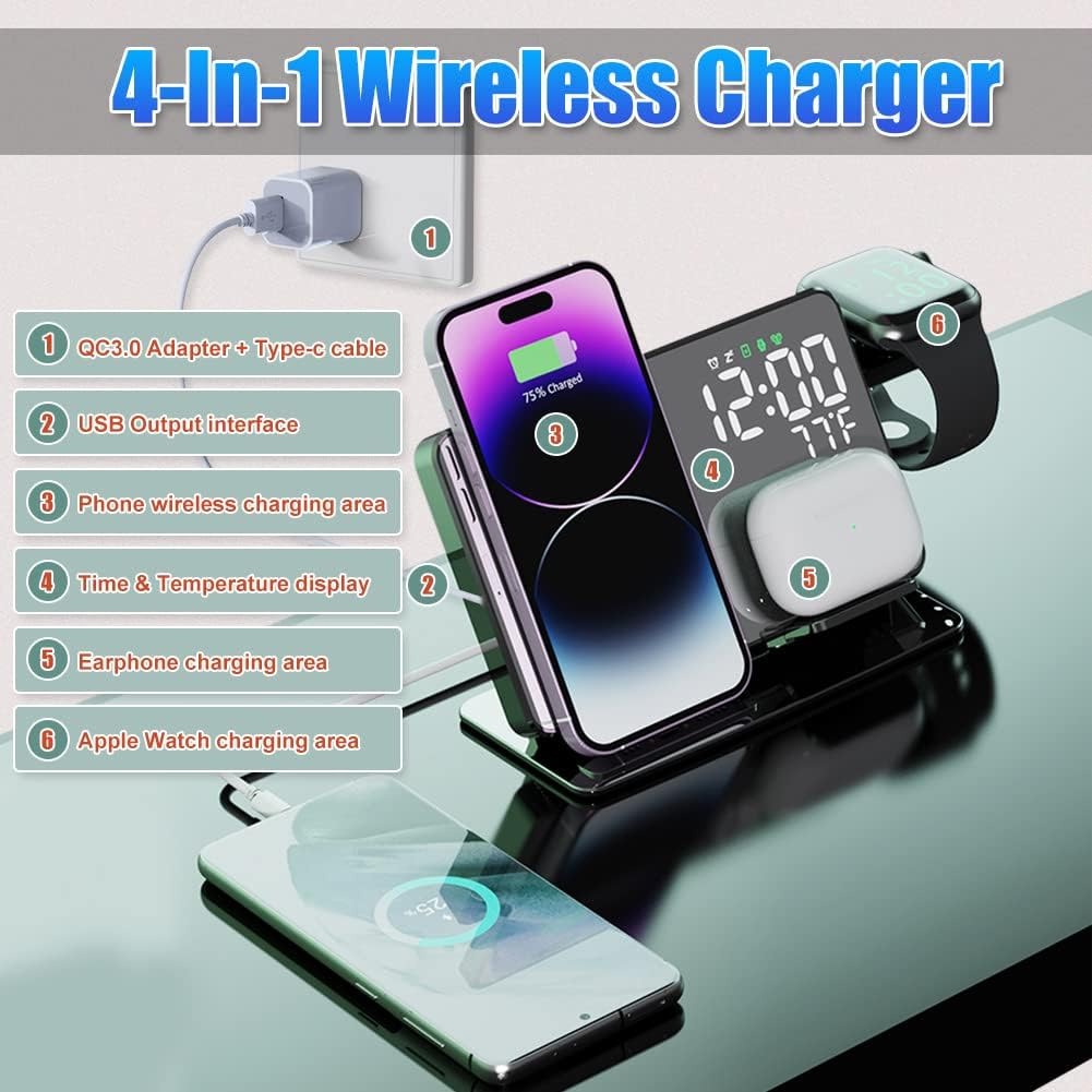 15W Four in One Wireless Charging Clock LED Digital Display Alarm Clock Temperature Display Wireless Charging - V.I.P Digital Presence