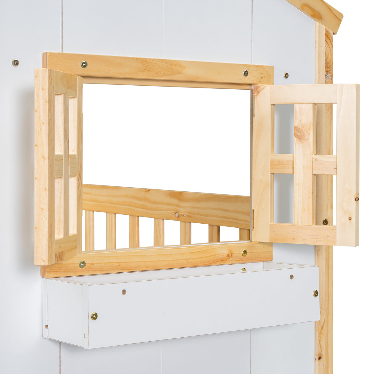 Twin over Twin House Bunk Bed with Roof , Window, Window Box, Door , with Safety Guardrails and Ladder, Natural/White - V.I.P Digital Presence