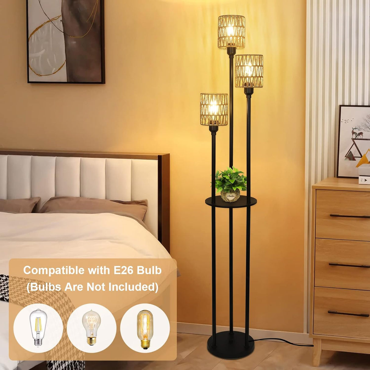 Boho Floor Lamp with Shelves 3-Lights Farmhouse Tall Floor Lamp with ON/OFF Foot Switch Rustic Standing Lamp with Rattan Shades - V.I.P Digital Presence