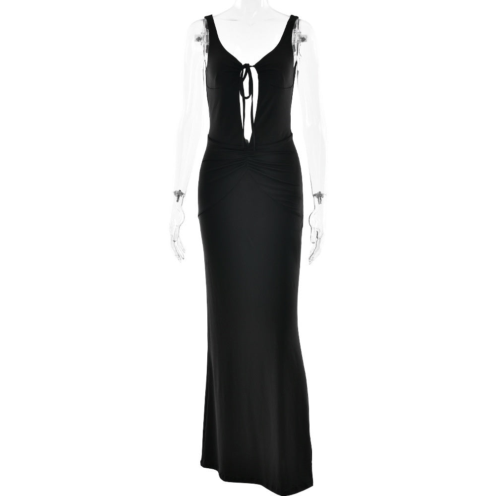 Style Strap Long Dress Women's Sexy Backless Hollow Pleated Dress - V.I.P Digital Presence