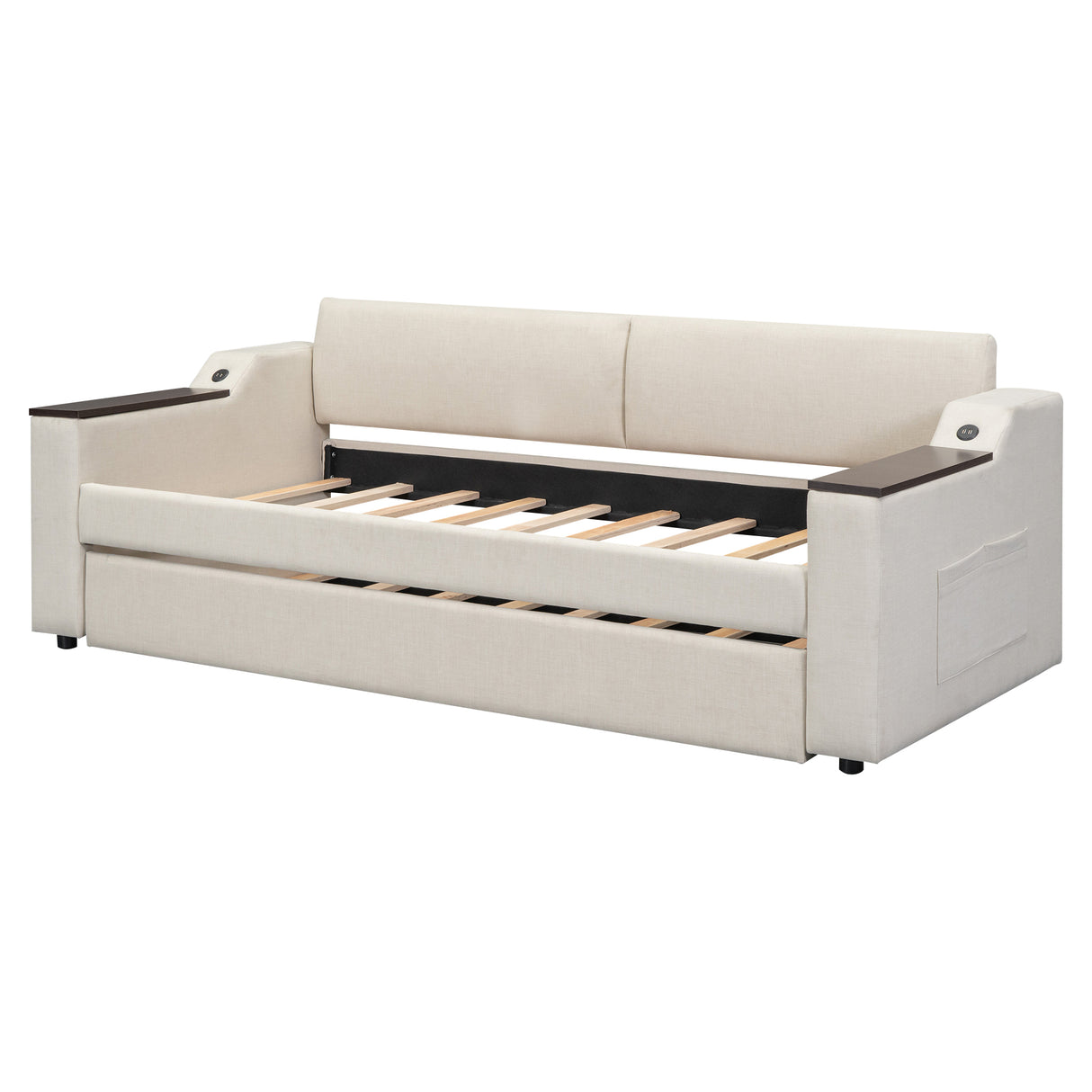 Twin Size Upholstery Daybed with Storage Arms Trundle and USB Design Beige