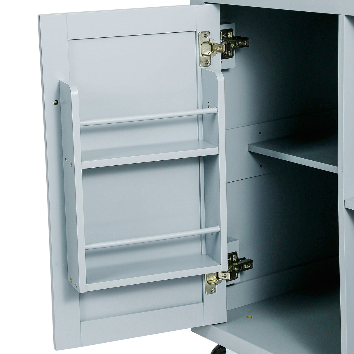 Kitchen handcart with rubber wood leaf countertop, storage cabinet, shelf, and 3 dining room drawers, gray blue - V.I.P Digital Presence