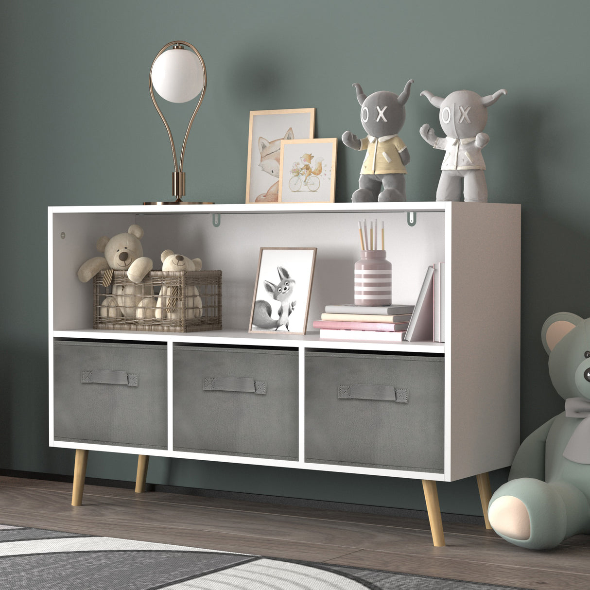Kids bookcase with Collapsible Fabric Drawers Children's Book Display Toy Storage Cabinet Organizer White/Gray - V.I.P Digital Presence