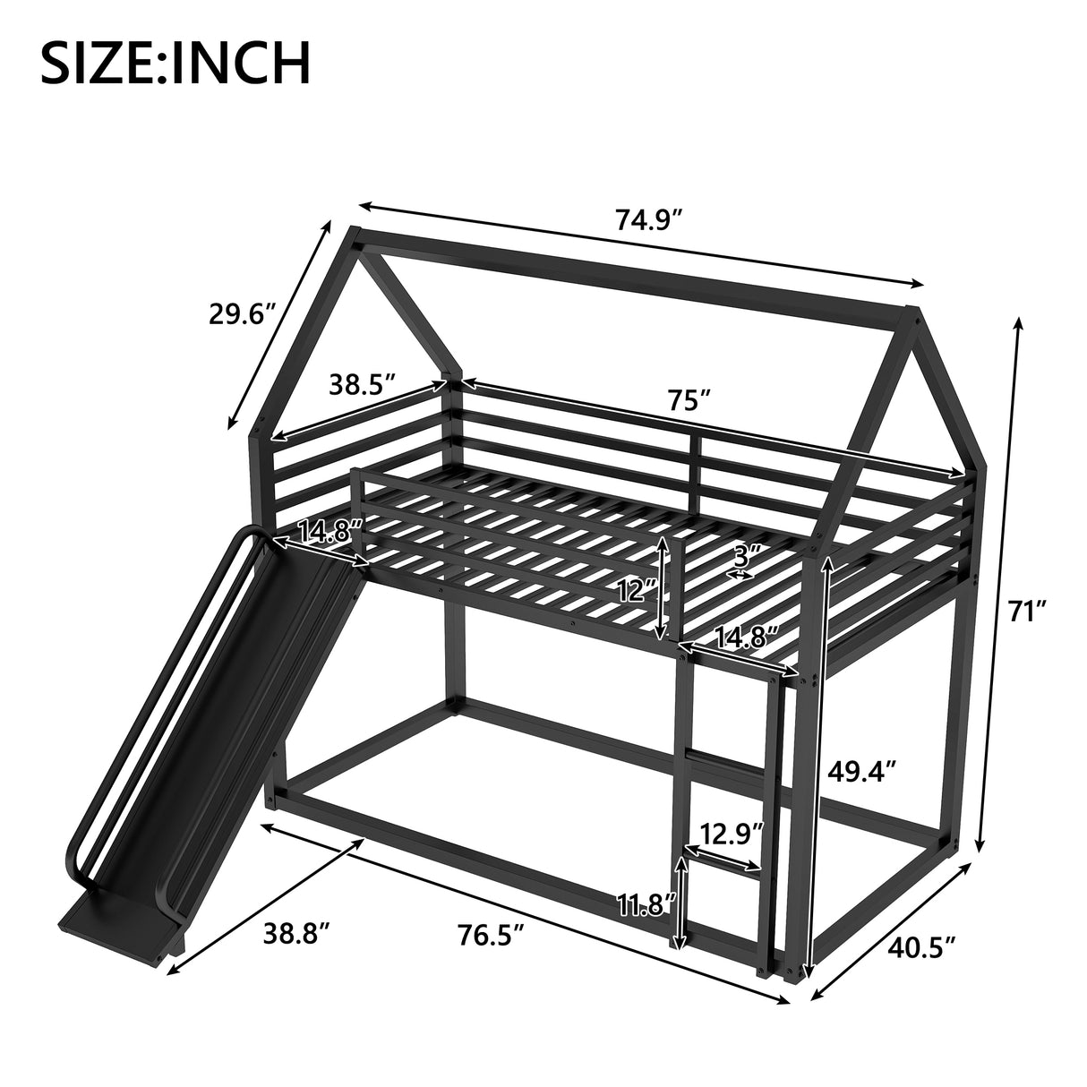 Twin over Twin House Bunk Bed with Ladder and Slide,Black - V.I.P Digital Presence