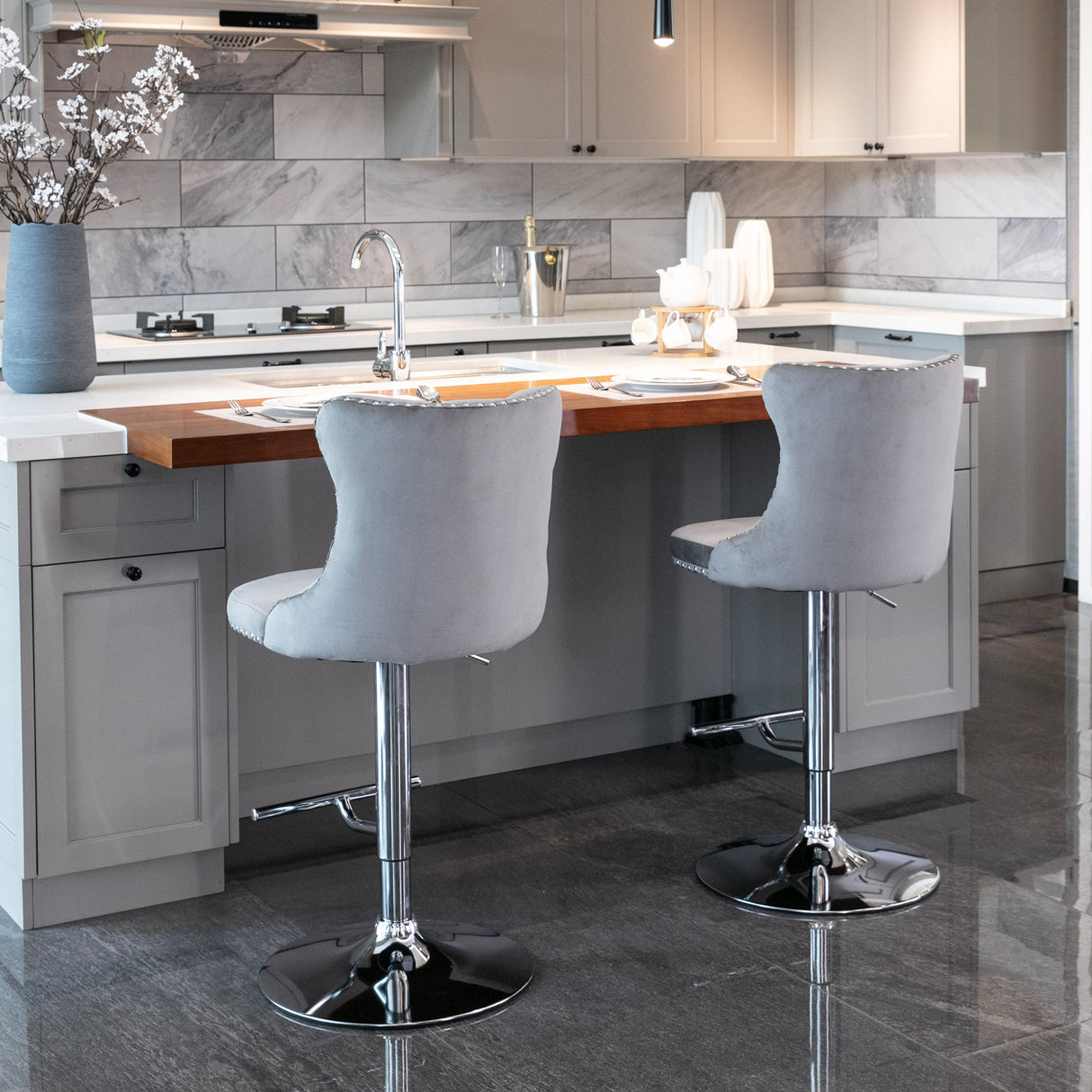 (Gray,Set of 2) 25-33 Inch, Modern Upholstered Chrome base Bar Stools with Backs Comfortable Tufted for Home Pub and Kitchen