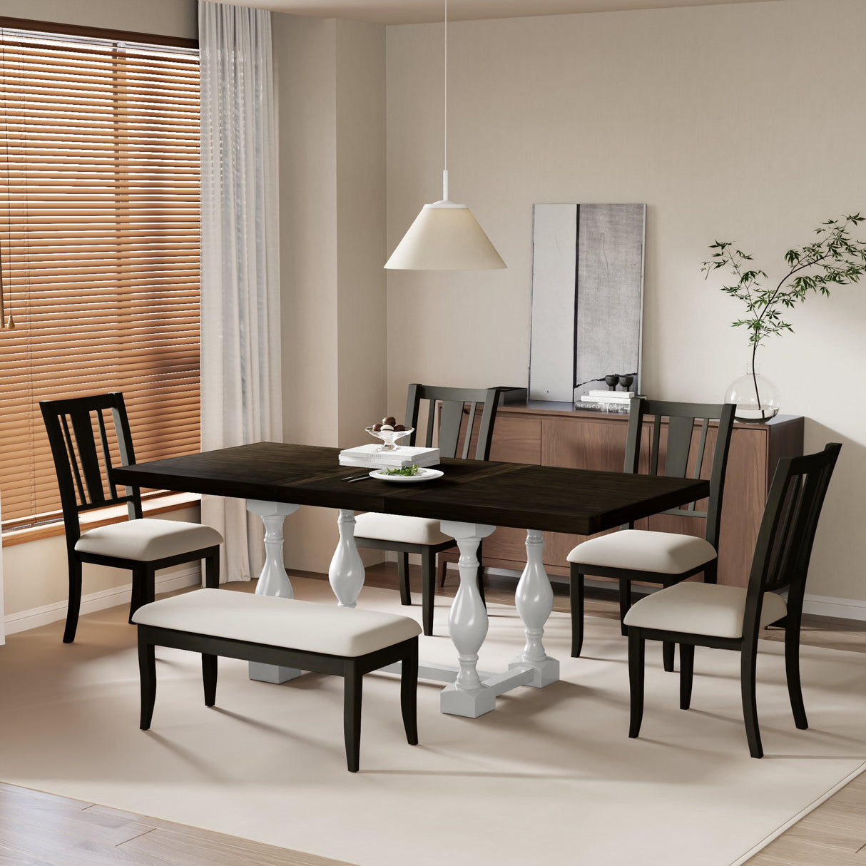 Traditional 6-Piece 78inch Trestle Extendable Dining Table Set with One 18inch Removable Leaf Distressed White - V.I.P Digital Presence