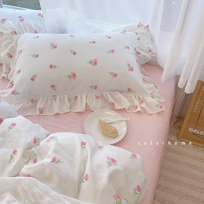 Pink tulip floral single person pure cotton pillowcase 48 * 74cm pillow core cover made of all cotton - V.I.P Digital Presence