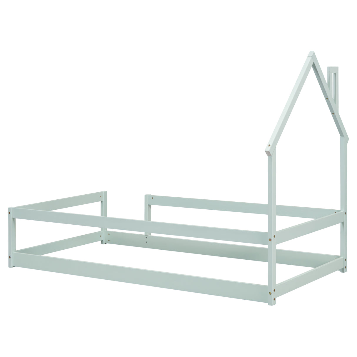 Twin Size Wood bed with House-shaped Headboard Floor bed with Fences,Light Green - V.I.P Digital Presence