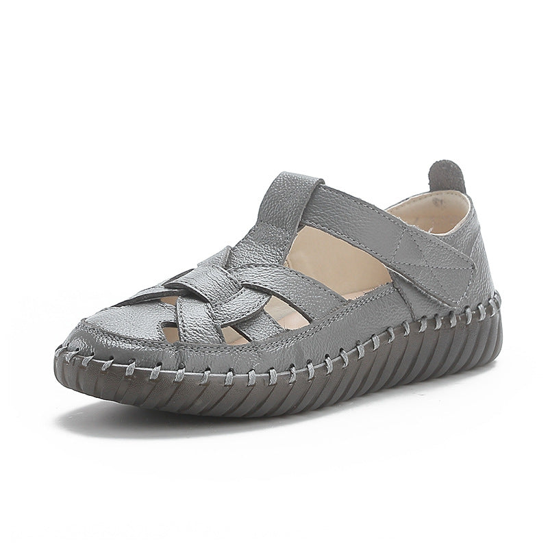 Leather perforated shoes with hollowed out toe caps for women soft soled non slip flat sandals for women - V.I.P Digital Presence