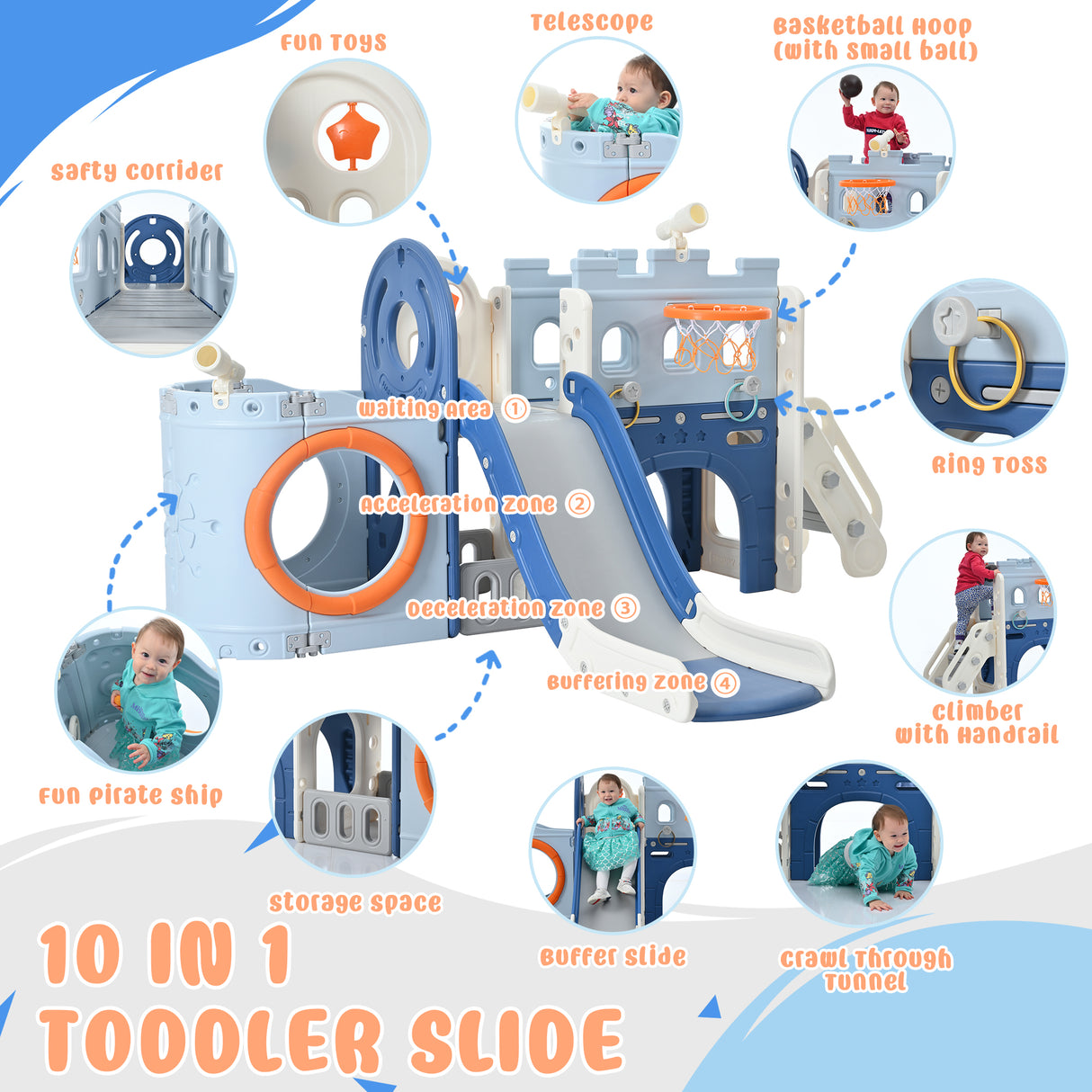 10-1 Toddler Slide Set,Kids Slide for Toddlers Ages 1+, Basketball Hoop Pirate Ship Themed Slide with Ship Head Indoor& Outdoor - V.I.P Digital Presence