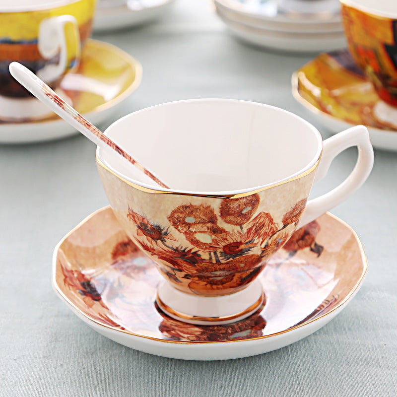 British Luxe Saucer and Spoon Afternoon Tea Cup with Van Gogh Oil Painting Design, Bone China Coffee Cup, Creative Souvenir Ceramic Mug - V.I.P Digital Presence