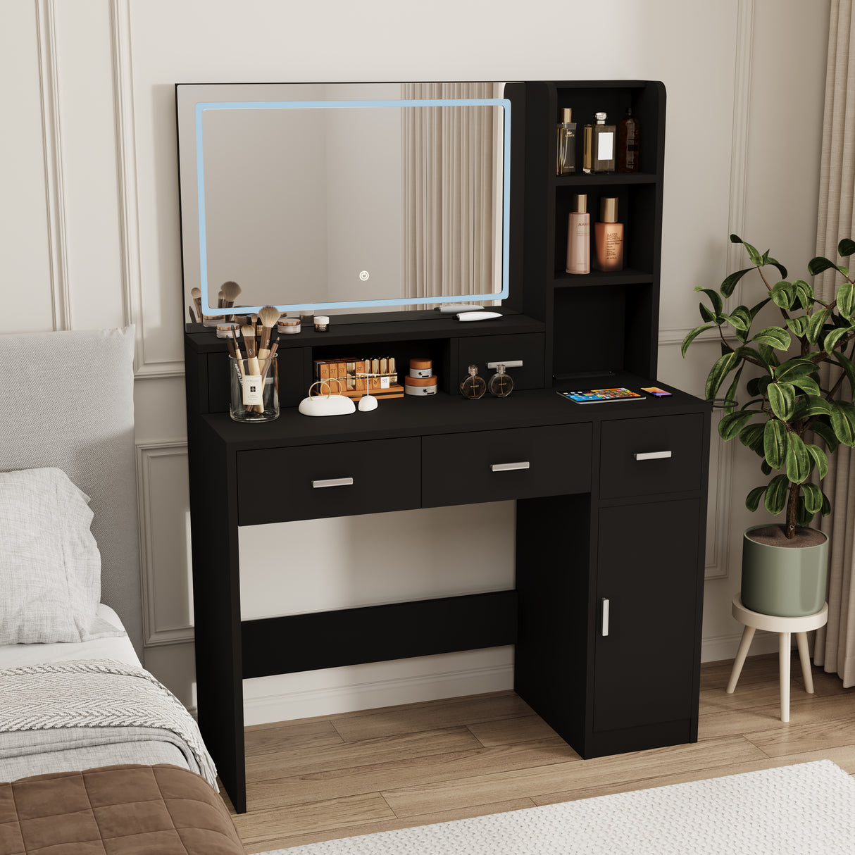 Smart mirror dressing table with drawers and storage cabinets