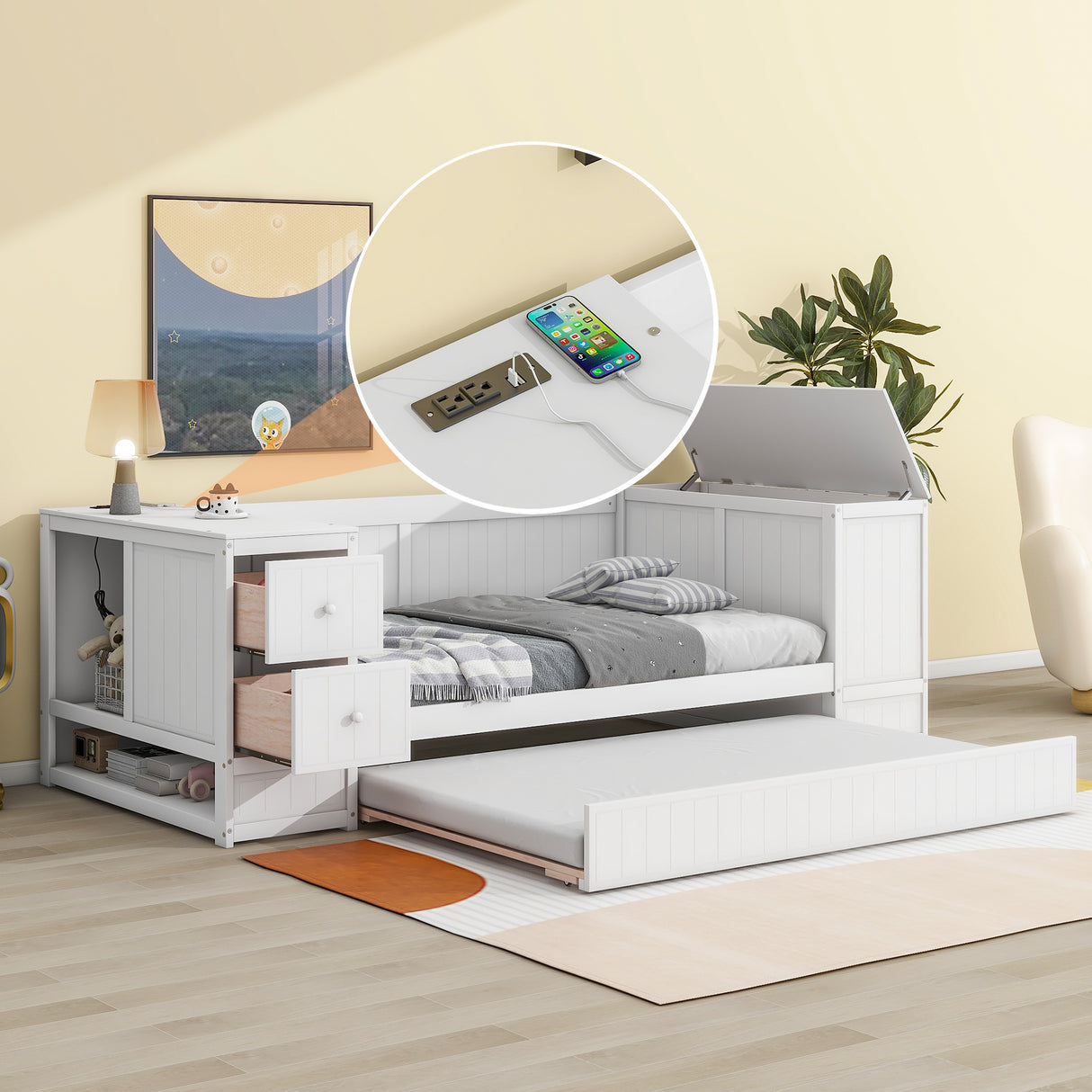 Twin Size Daybed with Storage Arms Trundle and Charging Station White