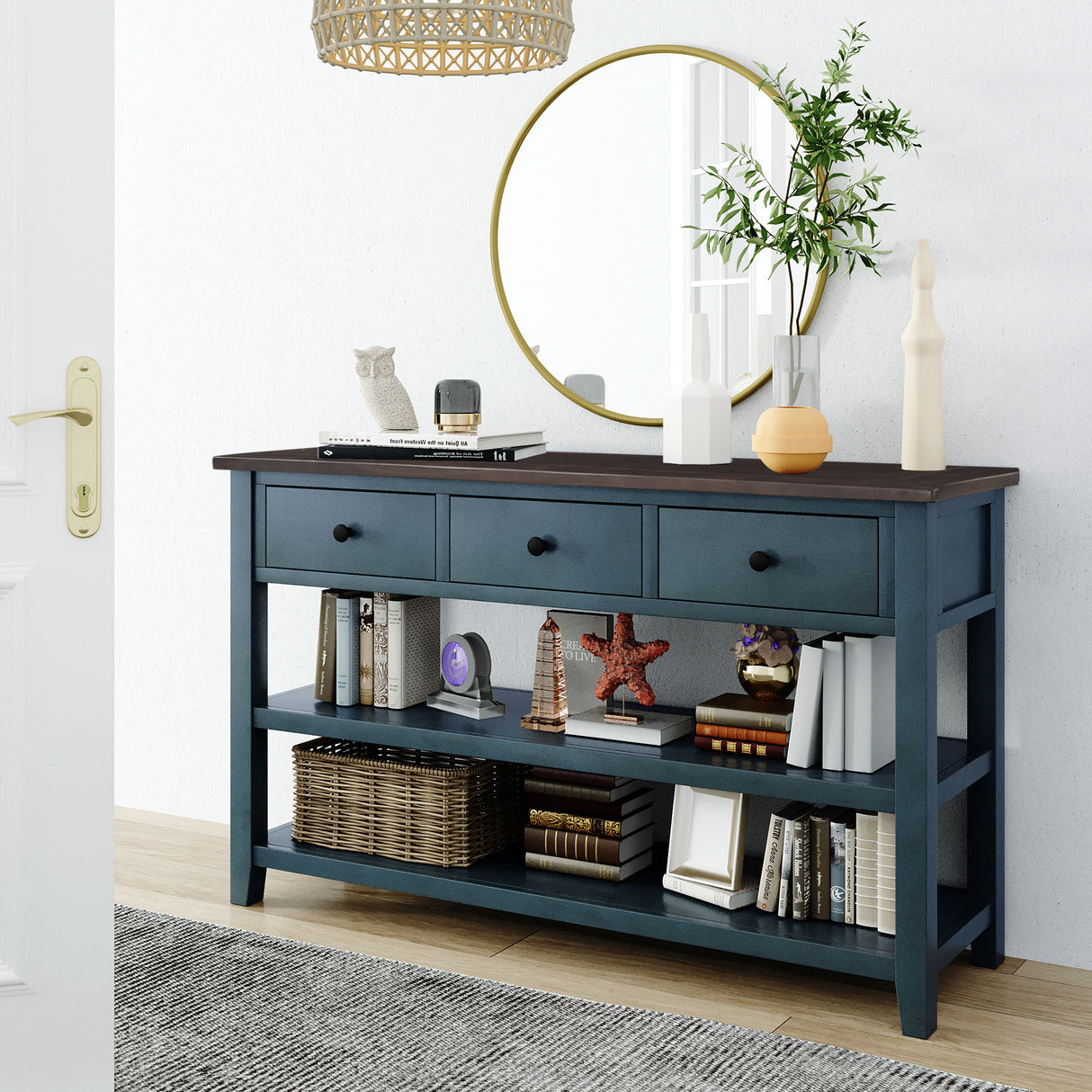 Retro Design Console Table with Two Open Shelves, Pine Solid Wood Frame and Legs for Living Room (Navy) - V.I.P Digital Presence