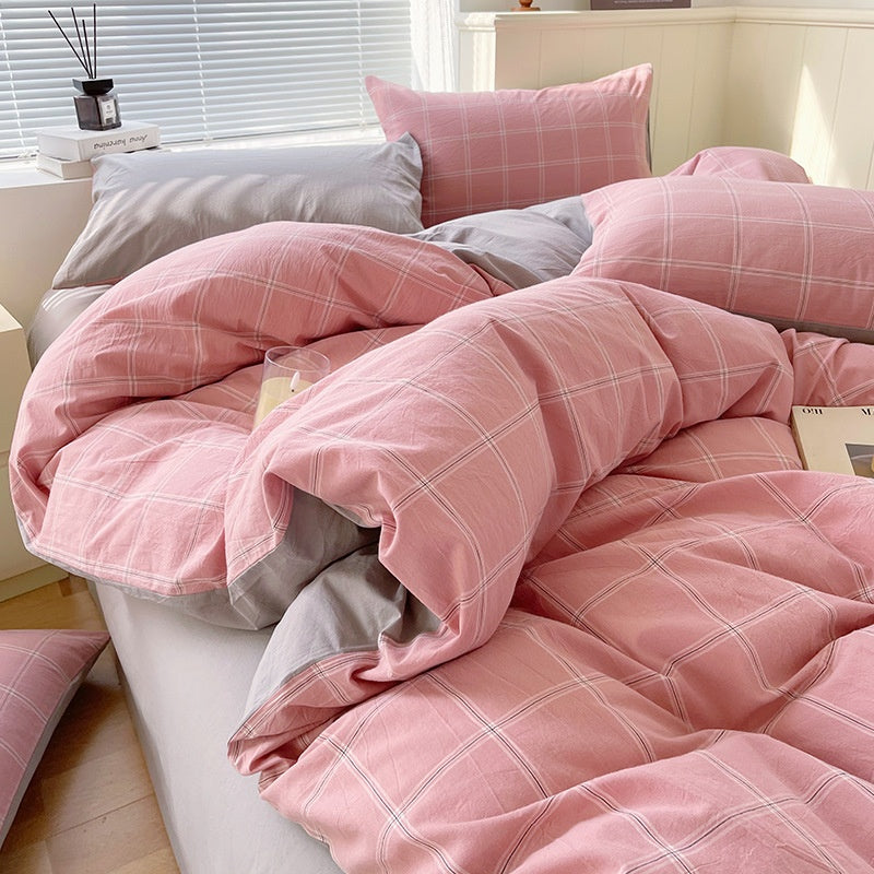 Juego de ropa de cama de algodón lavado teñido de algodón puro de clase A, sábana plana, funda de edredón, sábana ajustable, funda de edredón, juego de tres piezas a rayas