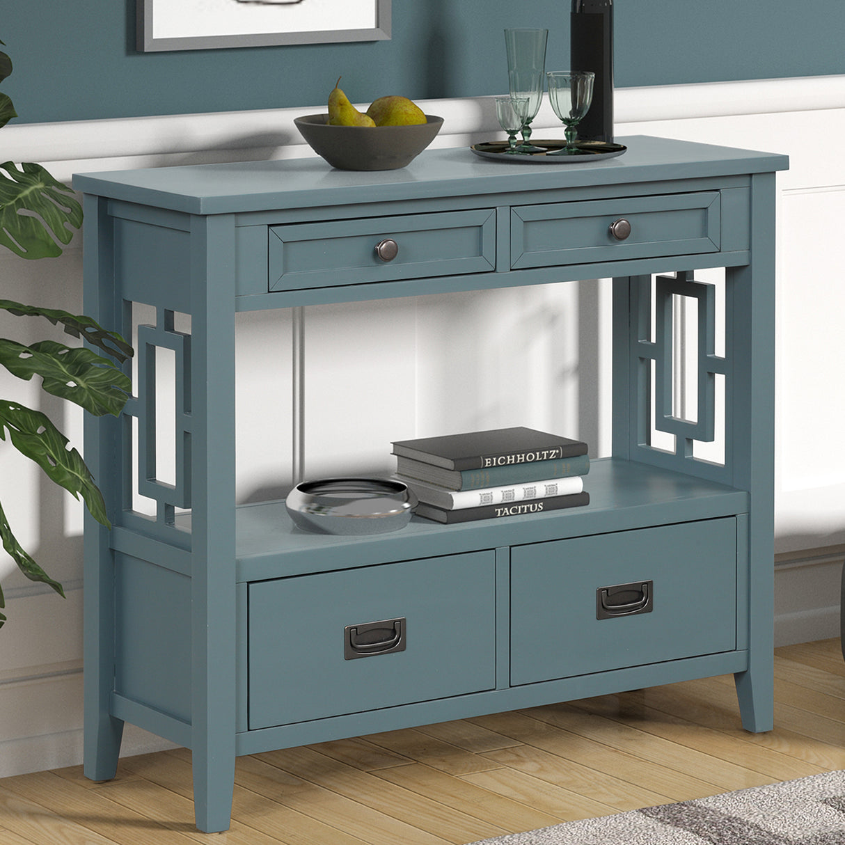 36'' Farmhouse Pine Wood Console Table Entry Sofa Table with 4 Drawers & 1 Storage Shelf ( Blue) - V.I.P Digital Presence
