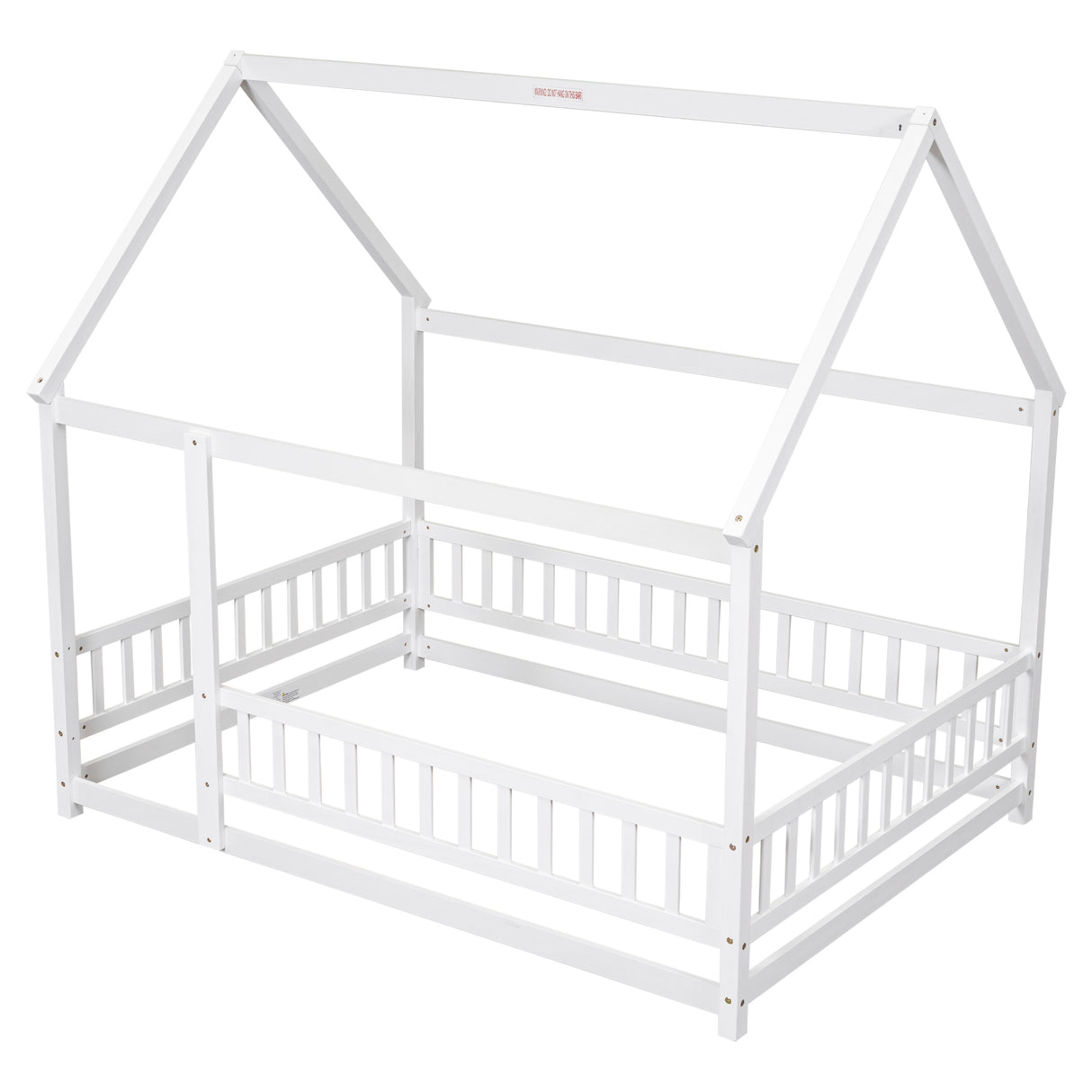 Full Size Floor Wooden Bed with House Roof Frame, Fence Guardrails ,White - V.I.P Digital Presence