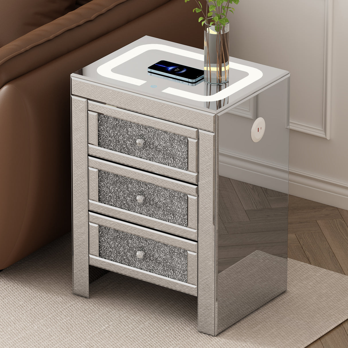 U-Can 15.7 "W silver rectangular mirror coffee table with wireless and USB charging function, LED lights, crystal style handle - V.I.P Digital Presence