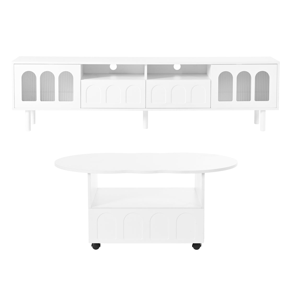 Two sets of ON-TRANS cream style TV stands and coffee tables, suitable for TVs under 80 inches, white - V.I.P Digital Presence