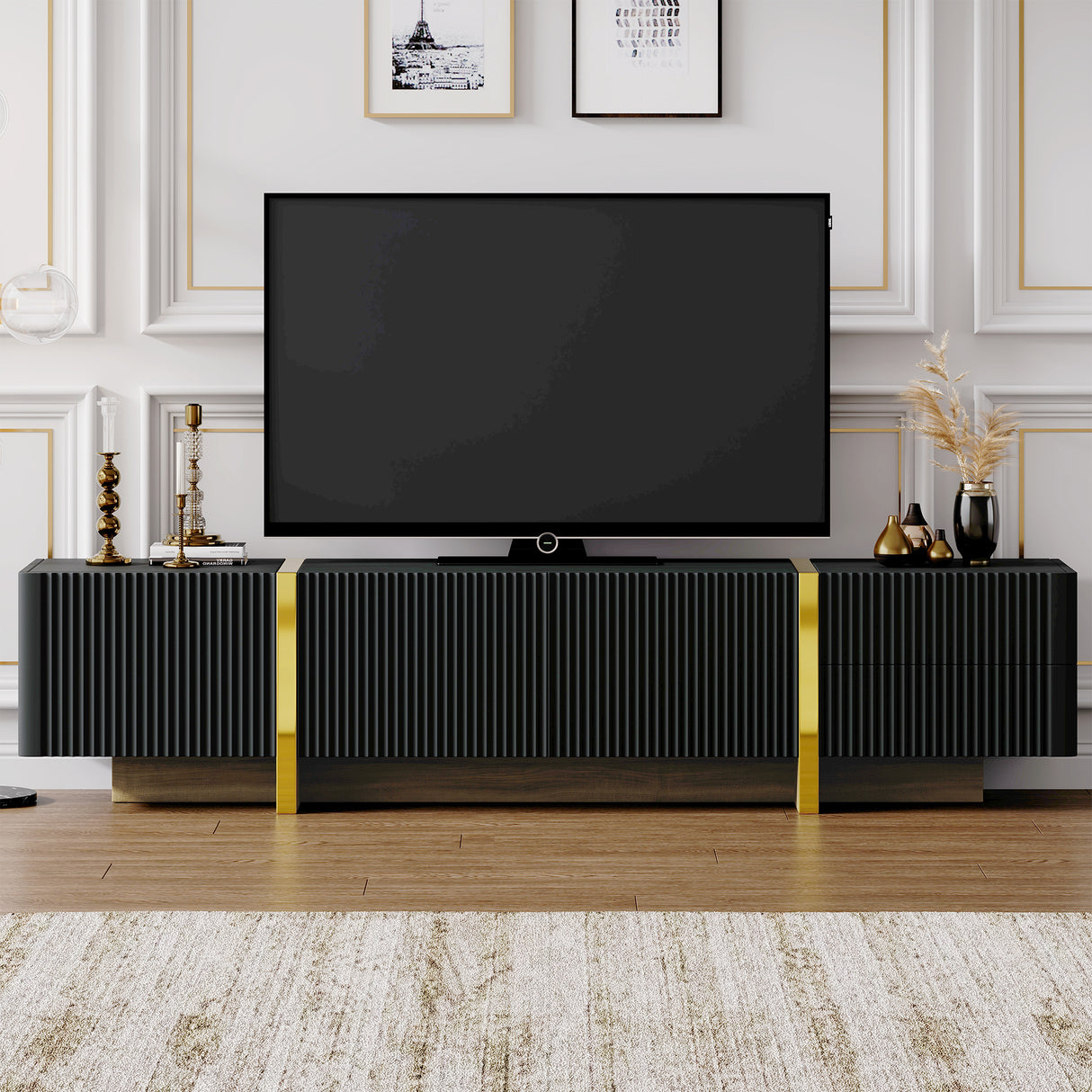Luxury Fluted TV Stand for TVs Up to 80'', Modern Entertainment Center with Storage Cabinets & Drawers Black - V.I.P Digital Presence
