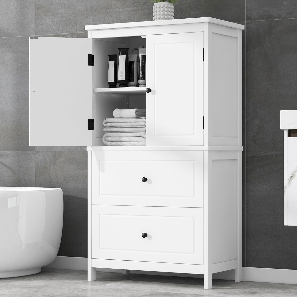 Bathroom Storage Cabinet, Cabinet with Two Doors and Drawers, Adjustable Shelf, MDF Board, White - V.I.P Digital Presence