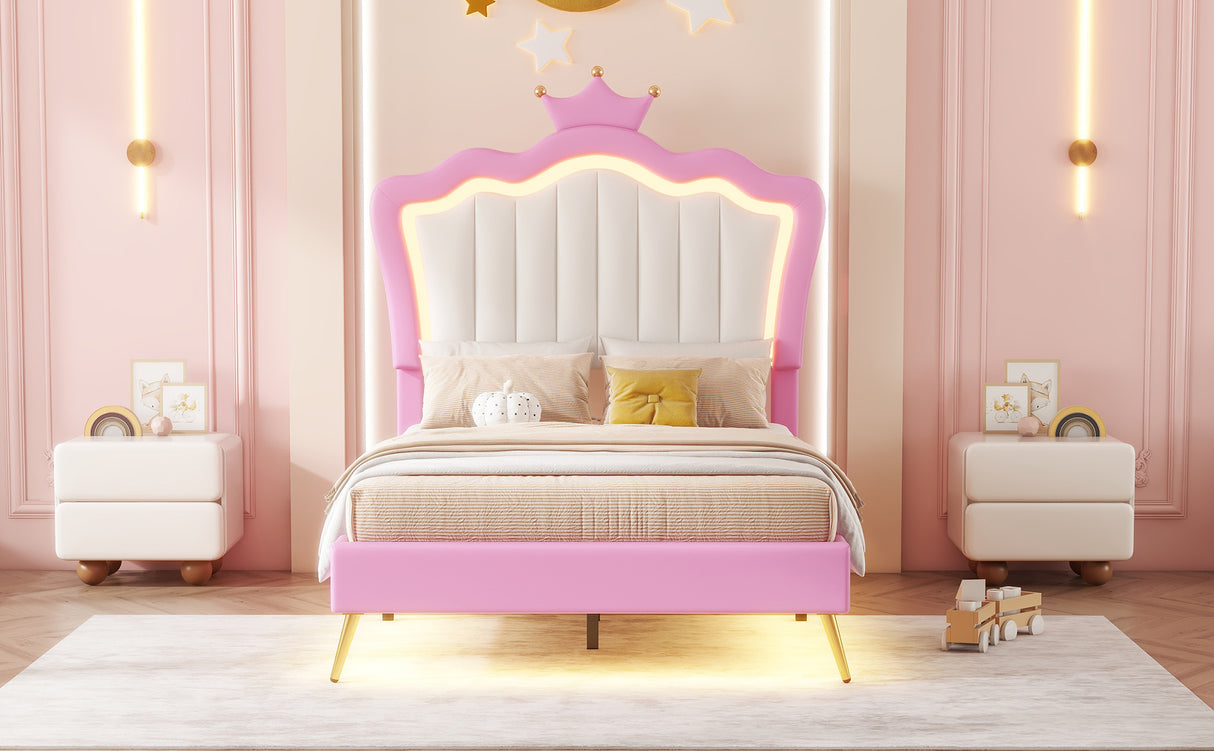 Twin Size Upholstered Bed Frame with LED Lights, Modern Upholstered Princess Bed with Crown Headboard, Pink+White - V.I.P Digital Presence
