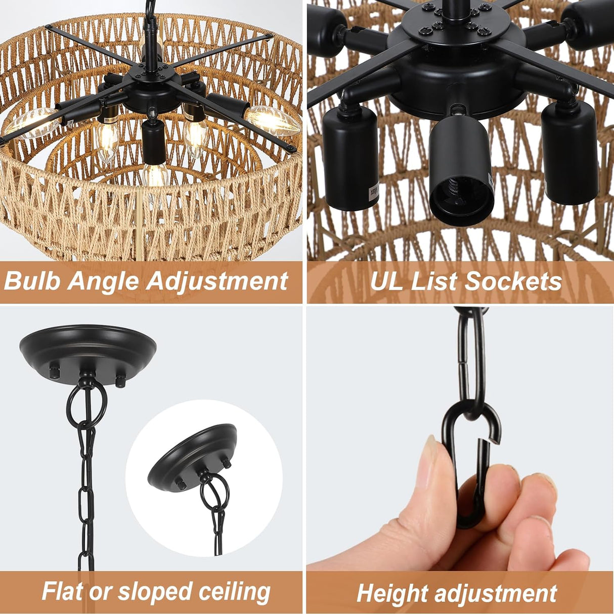 6-Light Dining Room Light Fixture, Wicker Pendant Lighting with 4-Tier Woven Lampshade, Large Farmhouse Chandeliers (20") - V.I.P Digital Presence