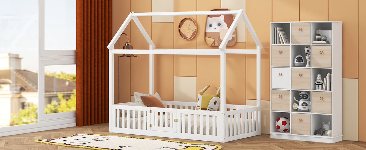 Twin Size Wood House Bed with Fence and Door, White - V.I.P Digital Presence