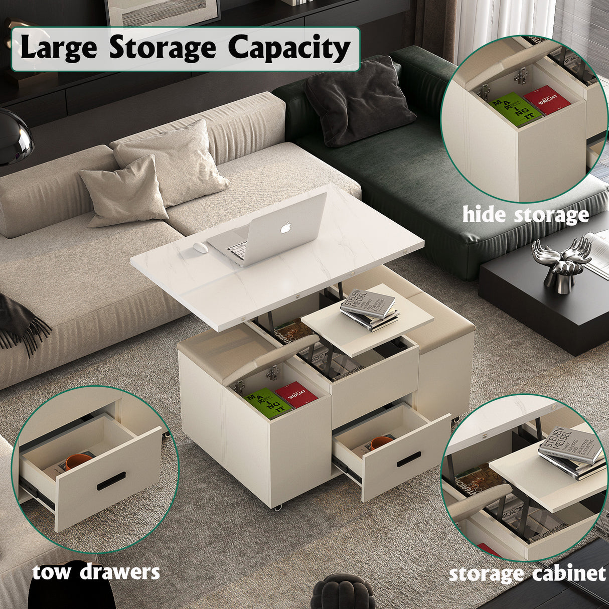 Modern lift coffee table, living room with 4 chairs, expandable 1 hidden storage space+2 drawers, folding dining table - V.I.P Digital Presence