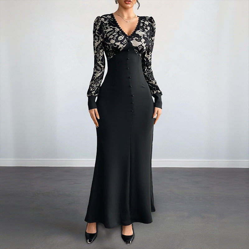 Sexy Retro Lace Splicing Long Sleeve V-neck Dress for Evening and Date - V.I.P Digital Presence