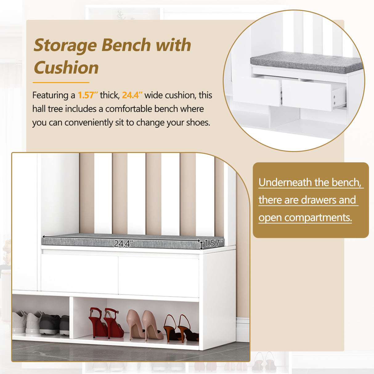 39.3'W70.8'H multifunctional corridor shoe cabinet with soft padded nail board and white clothes hanger with entrance hook - V.I.P Digital Presence