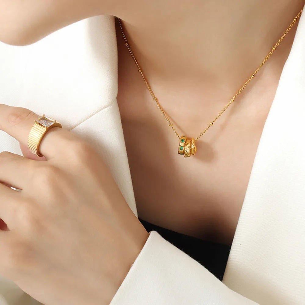 Fashion OL Titanium Steel Pendant Inlaid with Zircon Accessories Versatile Three Ring Buckle Necklace for Women - V.I.P Digital Presence