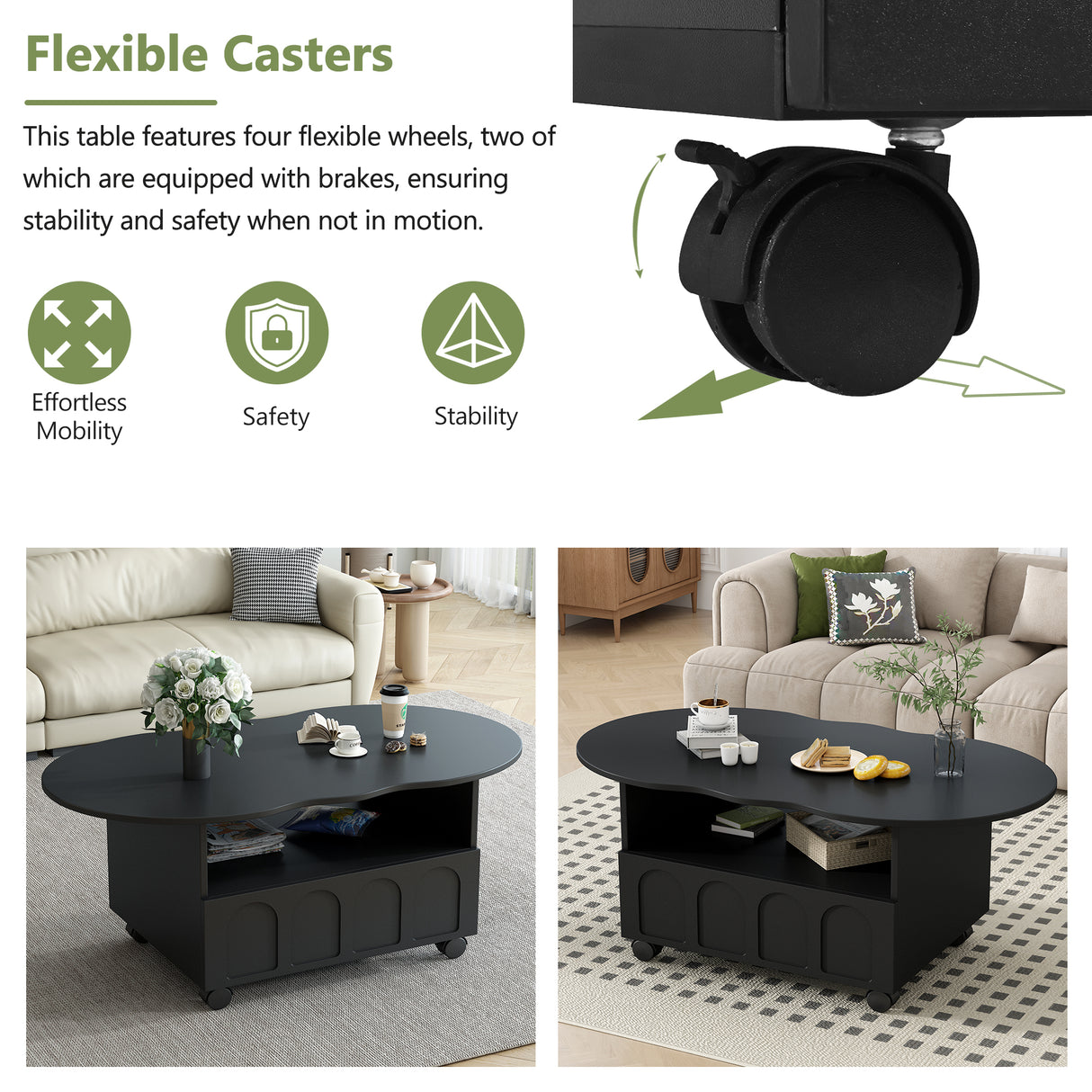 ON-TRANS flexible cream style coffee table with 2 brake wheels, drawers, large storage space,black, 39.37 '' x 23.6 '' - V.I.P Digital Presence