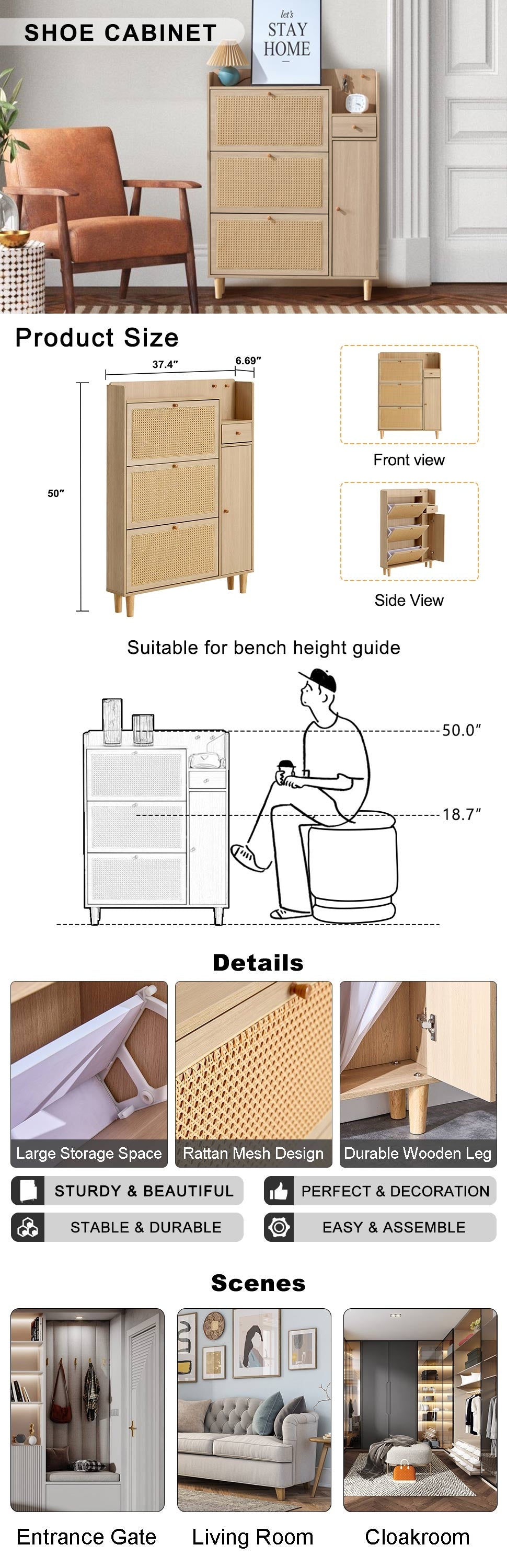 Modern minimalist storage cabinet MDF bed top cabinet Japanese rattan shoe cabinet, small home furniture - V.I.P Digital Presence