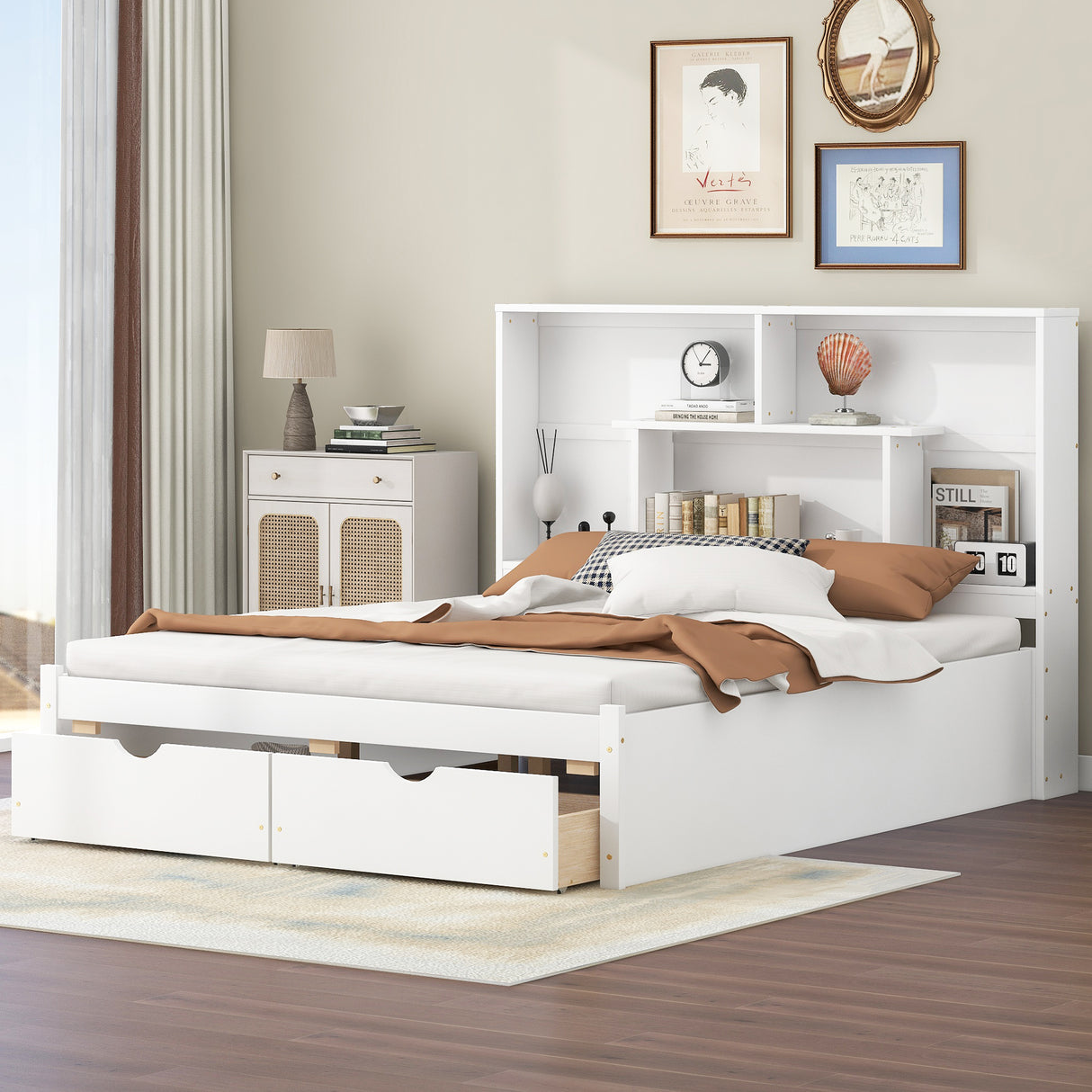 Queen Size Platform Bed with Storage Headboard and 2 Drawers, White - V.I.P Digital Presence