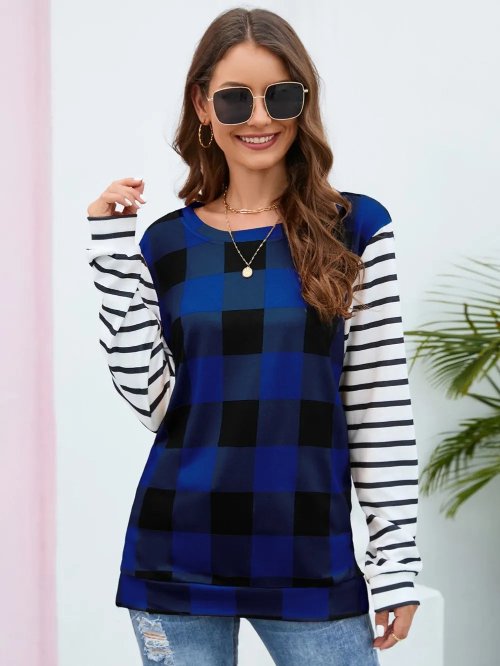 Plaid Striped Round Neck Long Sleeve T-Shirt - V.I.P Digital Presence
