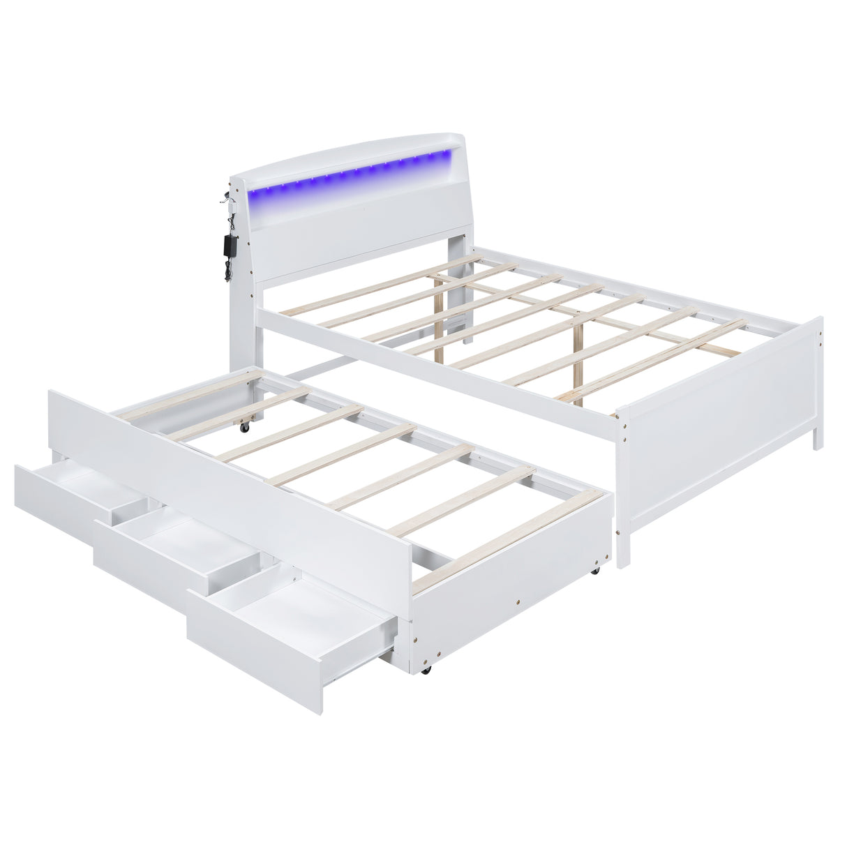 Full Size Platform Bed with Storage LED Headboard Twin Size Trundle and 3 Drawers White