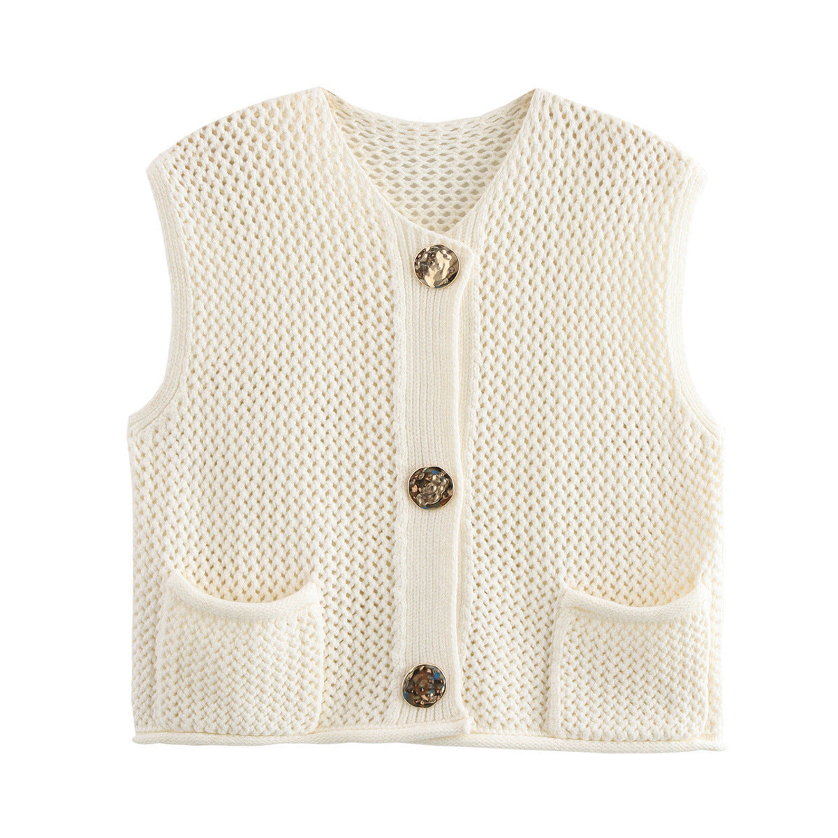 Street Fashion Crochet Hollow Vest Solid Color Versatile Round Neck Jacket - V.I.P Digital Presence