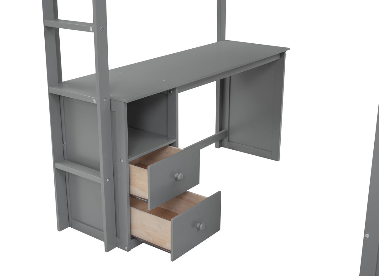 Wood Full Size Loft Bed with Wardrobes and 2-Drawer Desk with Cabinet Gray