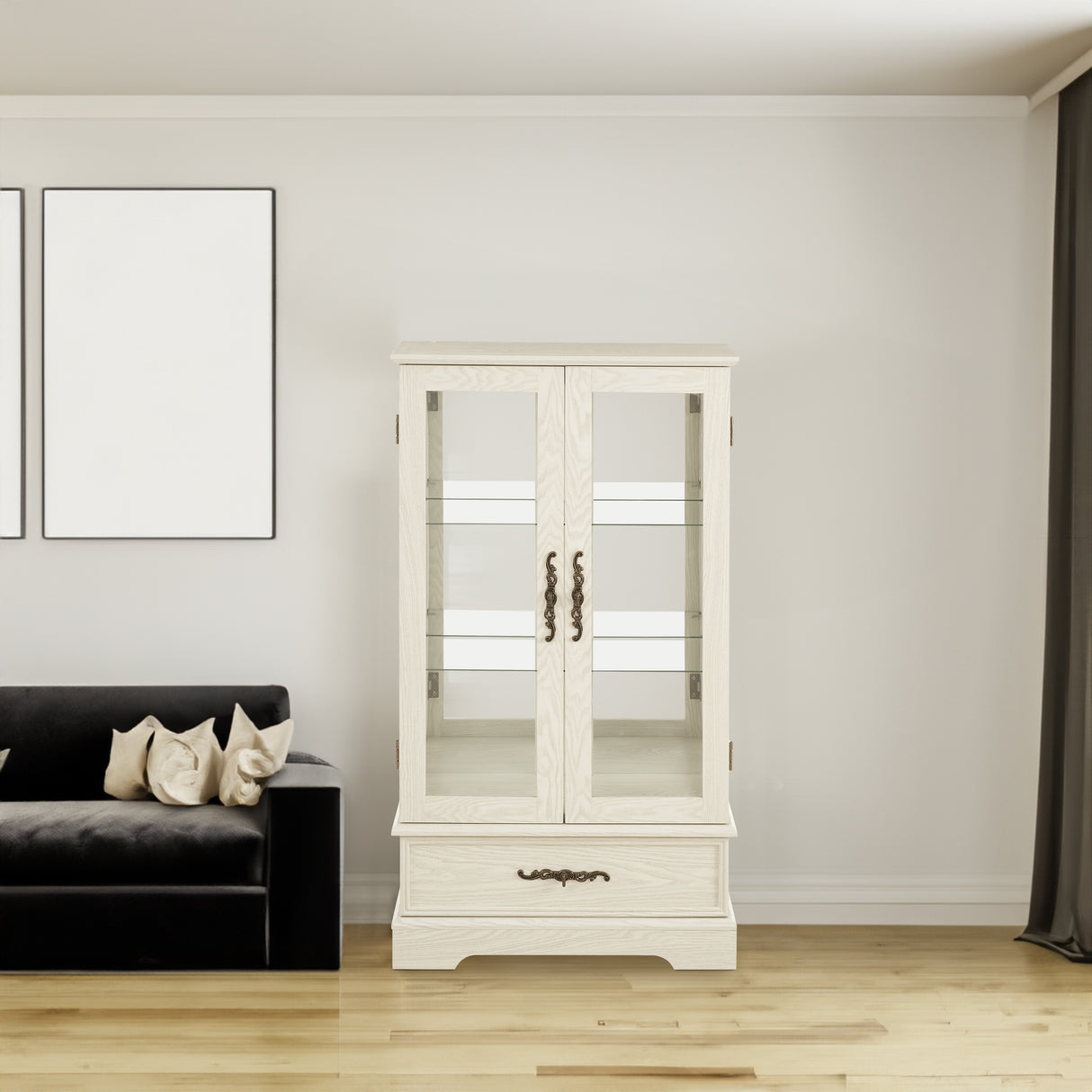 Light colored glass cabinet Curio display cabinet with adjustable glass frame, 2 doors and 1 drawer, including white light bulbs - V.I.P Digital Presence