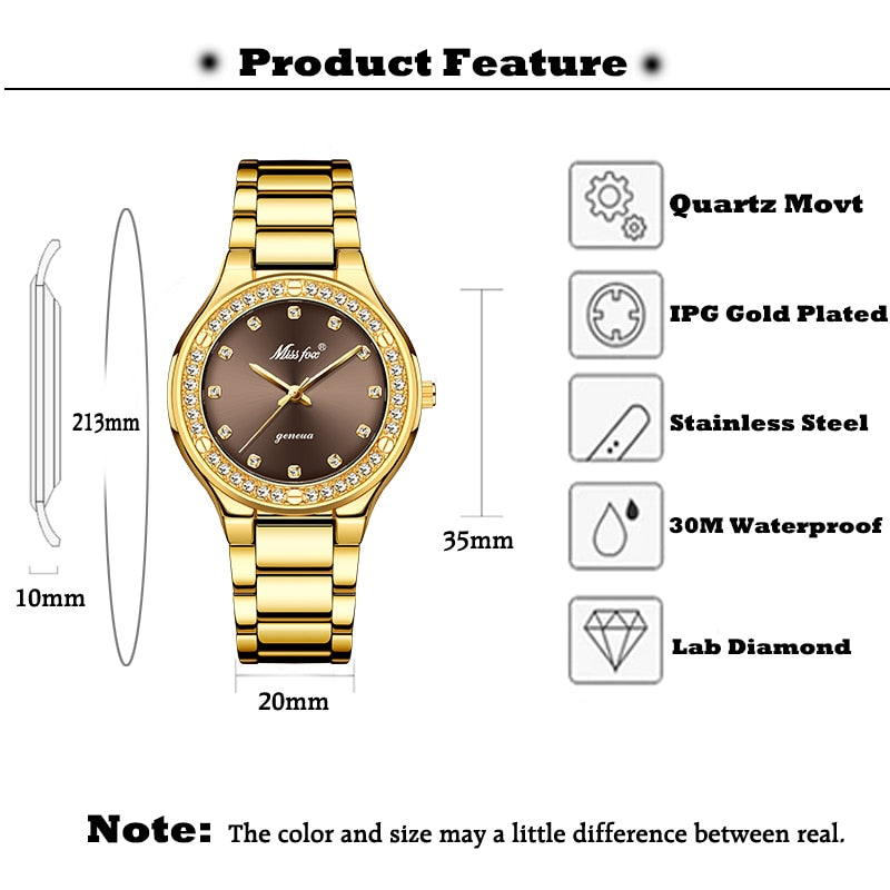 MISSFOX 2742 Elegant Woman Watch Luxury Brand Female Wristwatch Japan Movt 30M Waterproof Gold Expensive Analog Geneva Quartz Watch - V.I.P Digital Presence