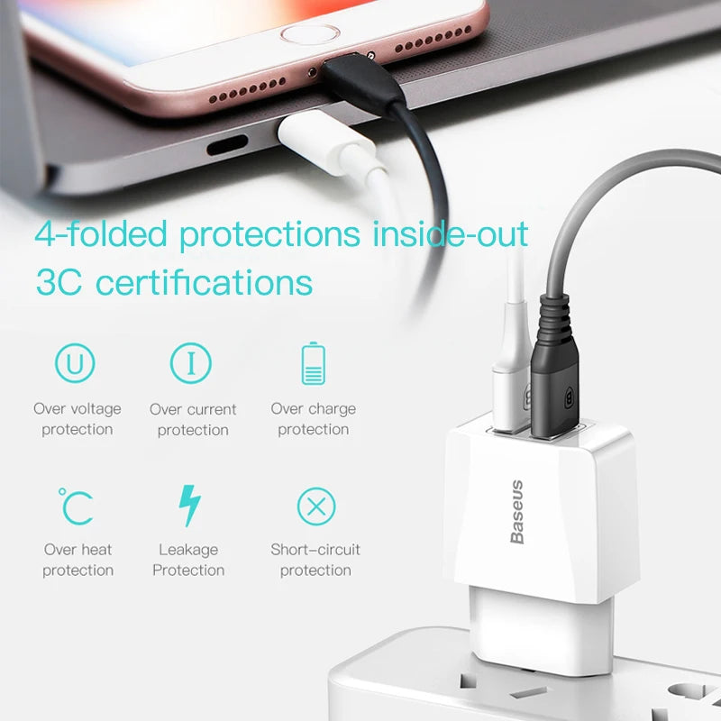 Baseus 5V 2.1A Dual USB Charger For Phone Fast Charging Charger Portable EU Plug Travel Adapter Wall charger