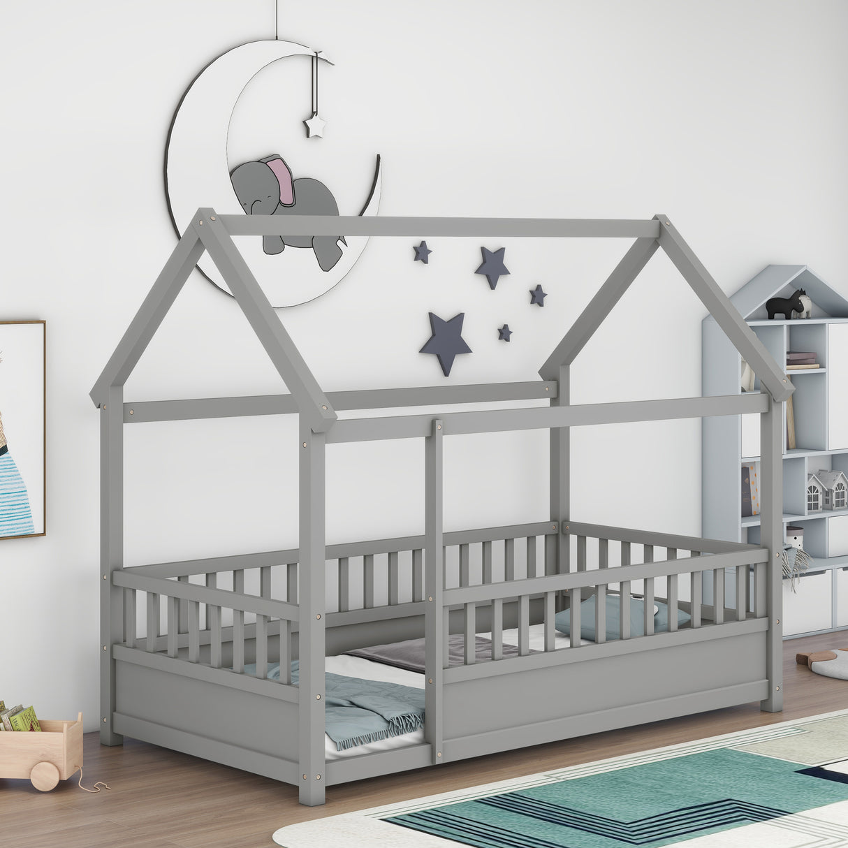 Twin Size Floor Wooden Bed with House Roof Frame Fence Guardrails Grey - V.I.P Digital Presence
