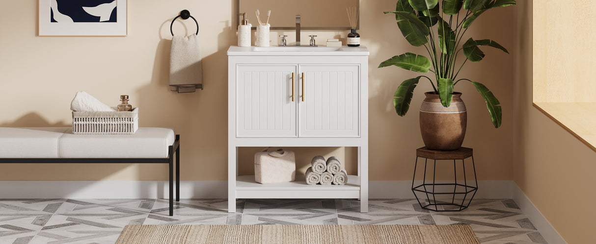 30-Inch White Bathroom Vanity with Ceramic Sink and Versatile Storage - Ideal for Small Bathrooms - V.I.P Digital Presence