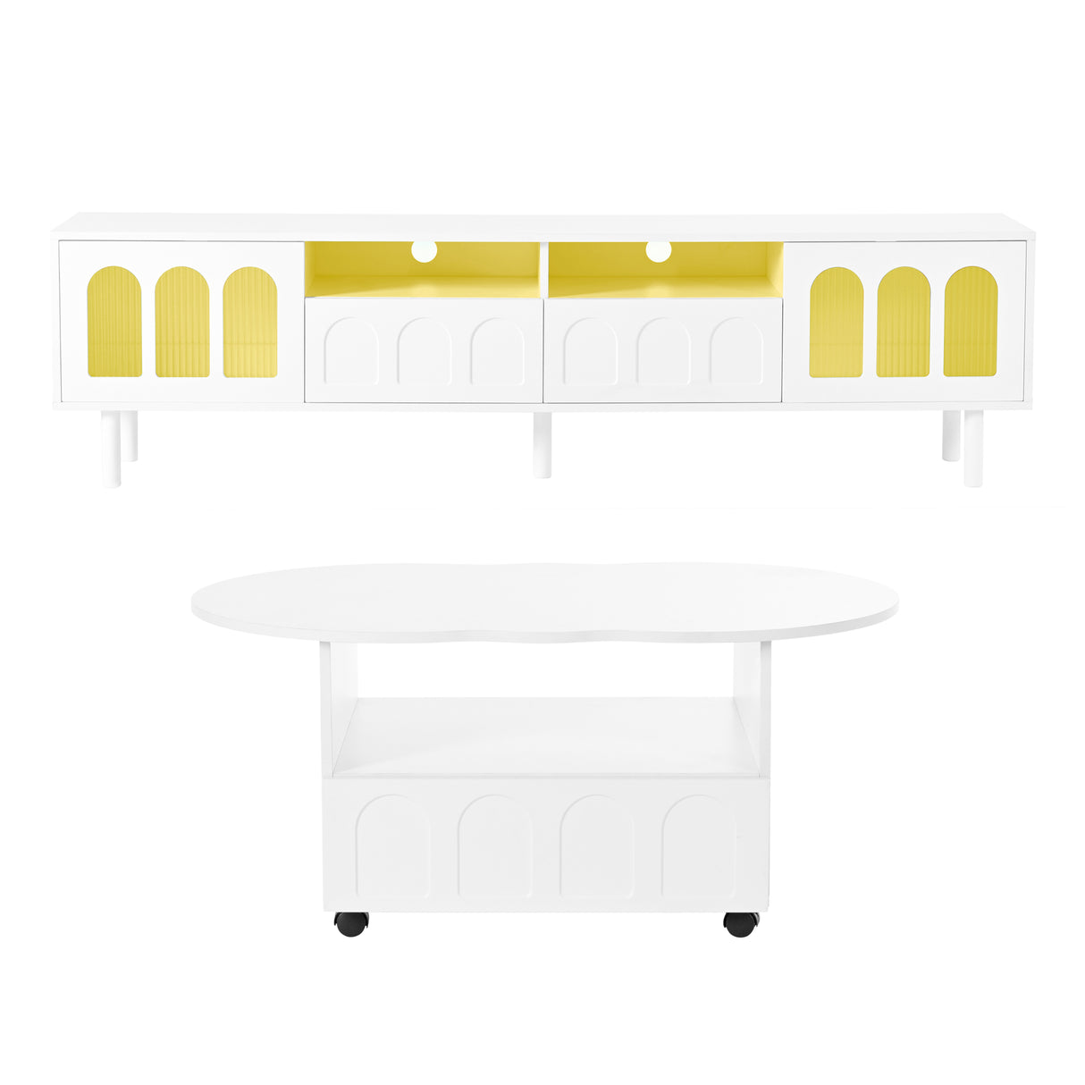 Two sets of ON-TRANS cream style TV stands and coffee tables, suitable for TVs under 80 inches, white - V.I.P Digital Presence