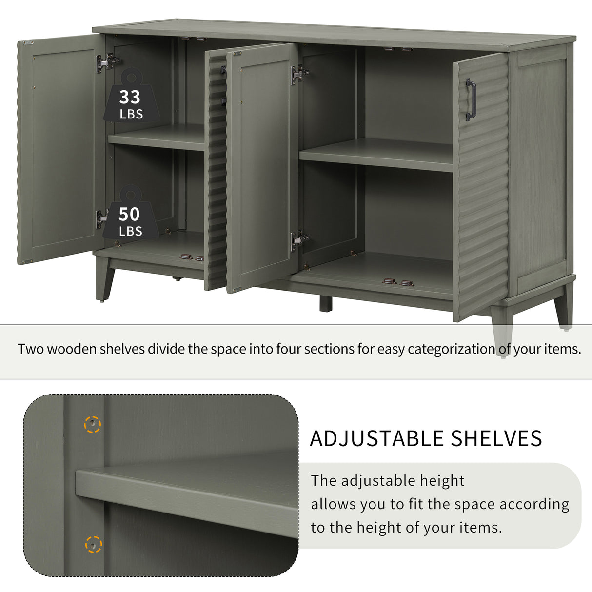 TREXM side panel with 4-door large storage buffet, adjustable shelves and metal handles (antique gray) - V.I.P Digital Presence