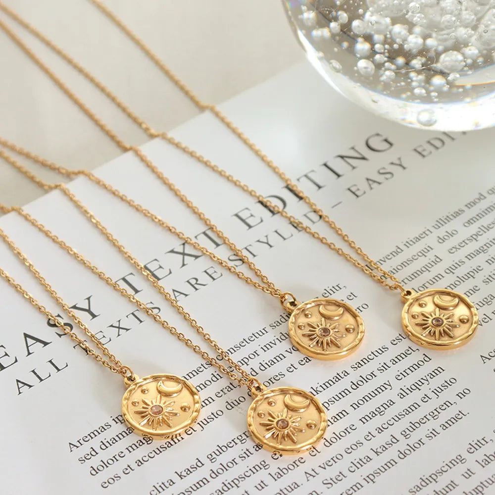 Zircon Star Moon Romantic Necklace Titanium Steel Gold Plated Round Pendant Neck Chain - V.I.P Digital Presence