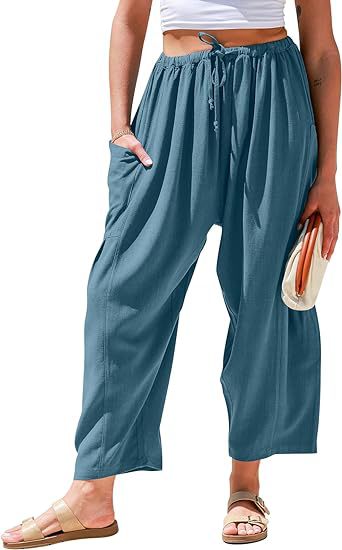 European and American women's elastic waisted pleated high waisted wide leg loose Haren cotton linen pants - V.I.P Digital Presence
