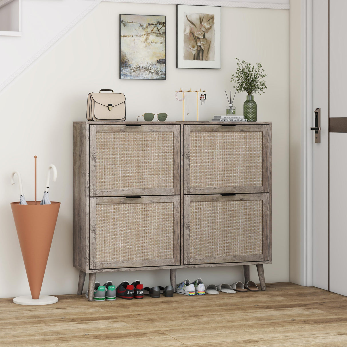 4 Door Shoe Rack, Freestanding Modern Shoe Storage Cabinet, for Entryway - V.I.P Digital Presence