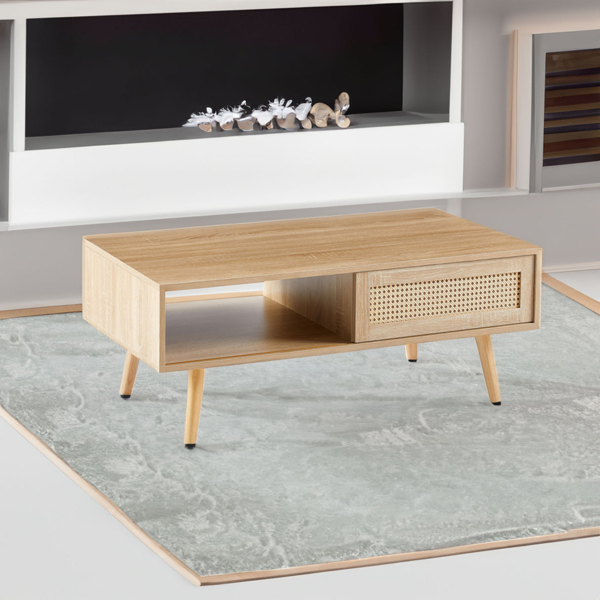 41.34" Rattan Coffee table sliding door for storage solid wood legs Modern table for living room natural - V.I.P Digital Presence
